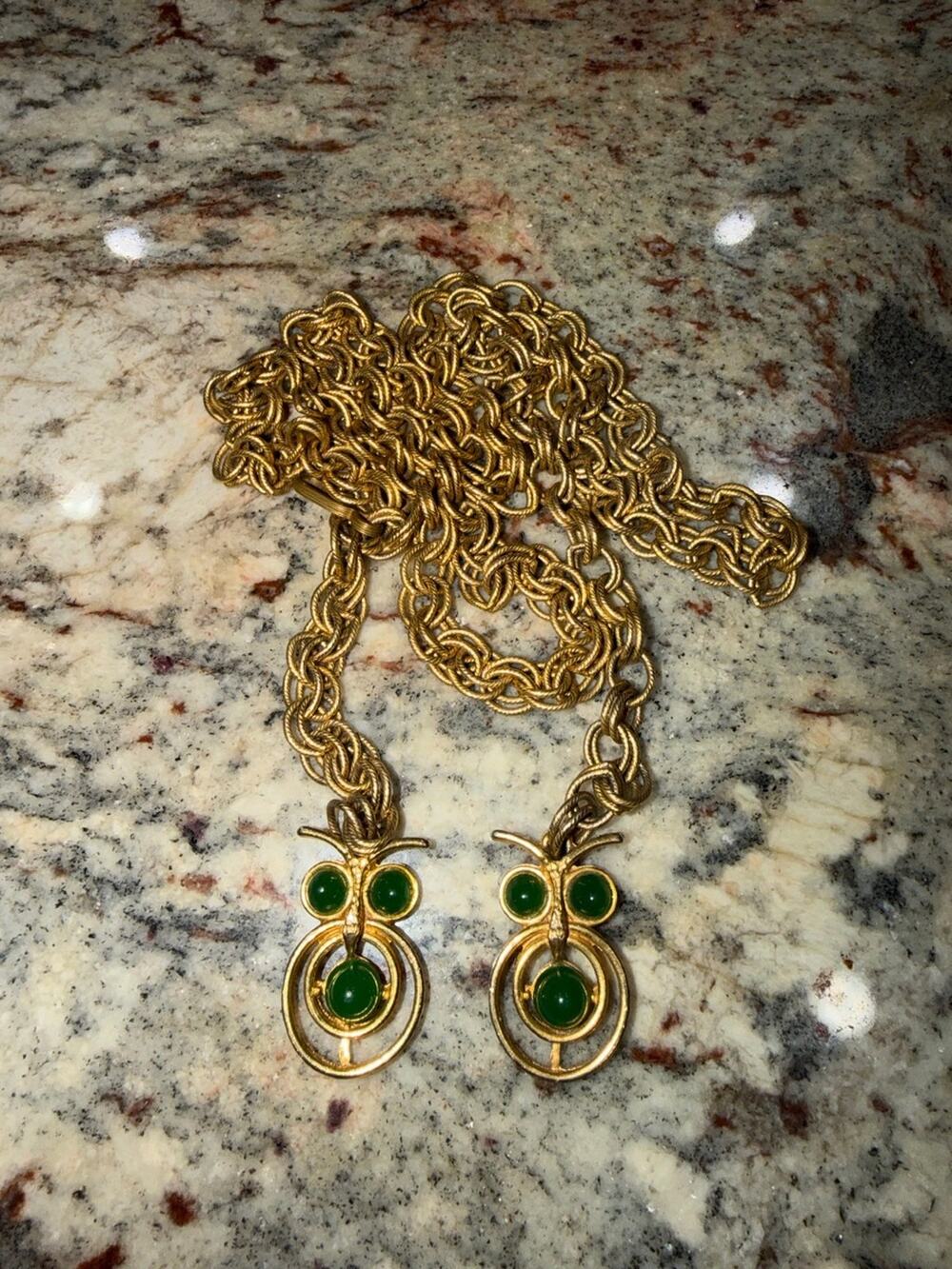 Vintage Gold Tone Owl Chain Belt with Green Stones